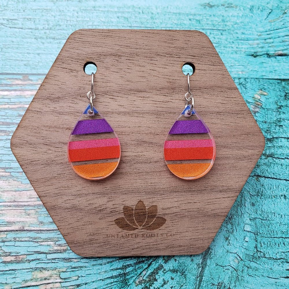 Rainbow Stripe Small Teardrop Dangle Earrings, Acrylic, Nickel Free Stainless